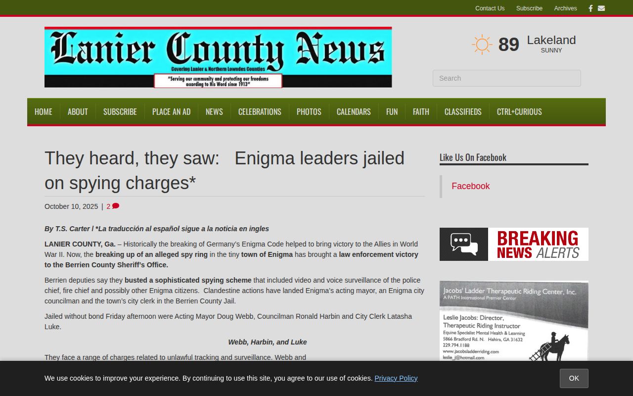 Berrien County, Georgia Enigma local news report used to show secondary coverage of Enigma arrest-related events