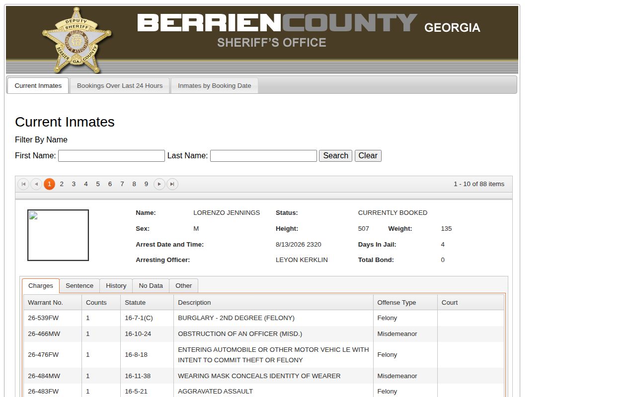 Berrien County Jail current inmates, recent bookings, and booking history search interface