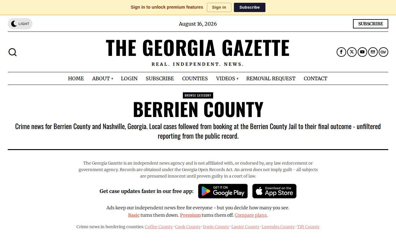 Georgia Gazette Berrien County local crime and booking coverage landing page